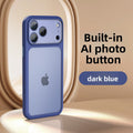 Phone case, VIBE LOOP BANS dark blue matte rubber case with a raised camera rim and built-in AI photo button