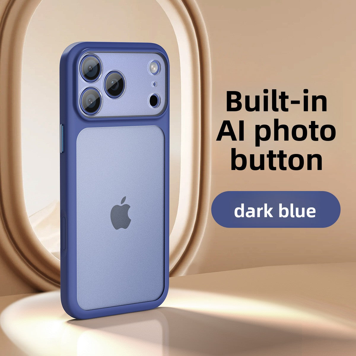 VIBE LOOP BANS phone case in dark blue with a matte finish, raised camera surround and built-in AI photo button