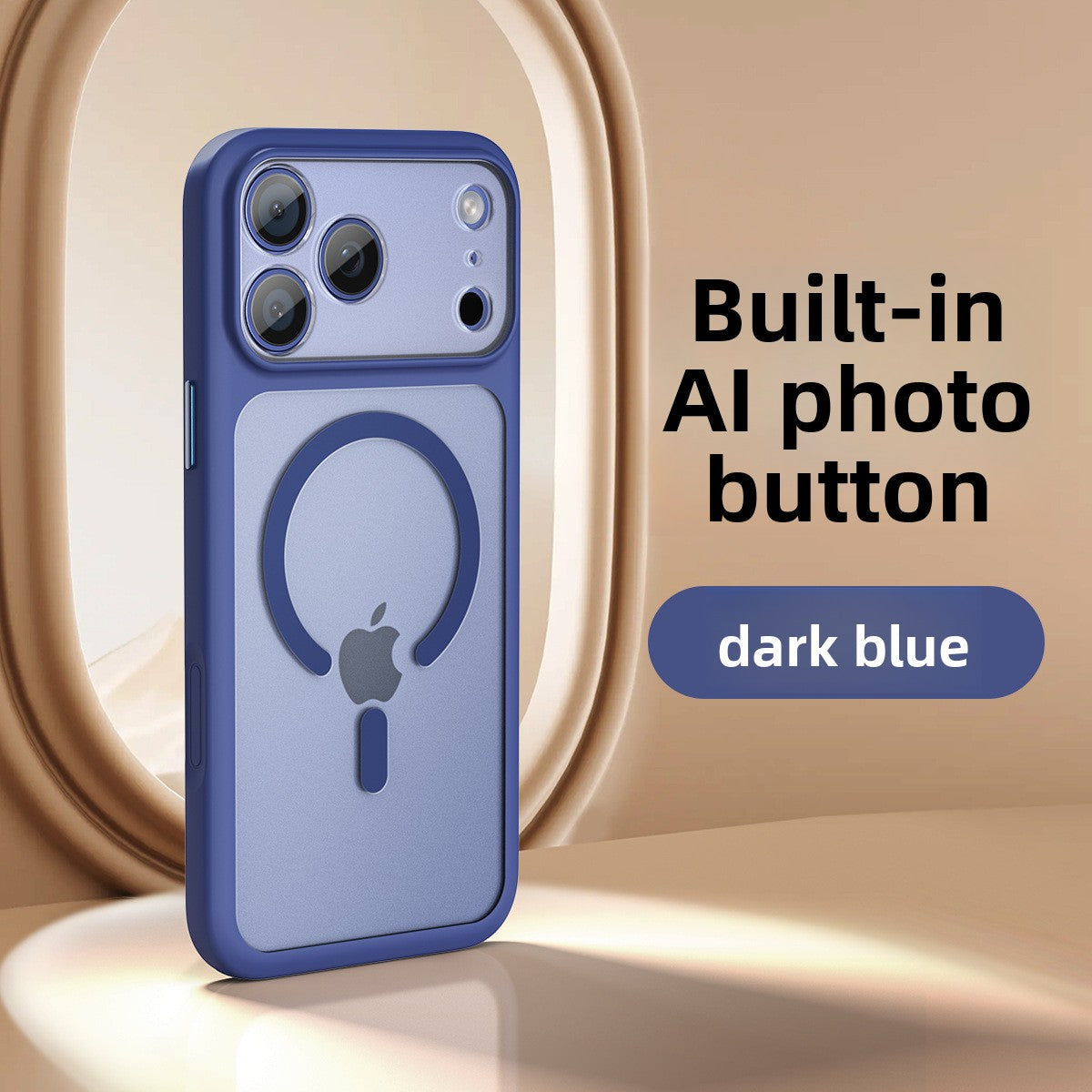 VIBE LOOP BANS phone case in dark blue matte rubber, with a raised camera surround, magnetic ring and built-in AI photo button