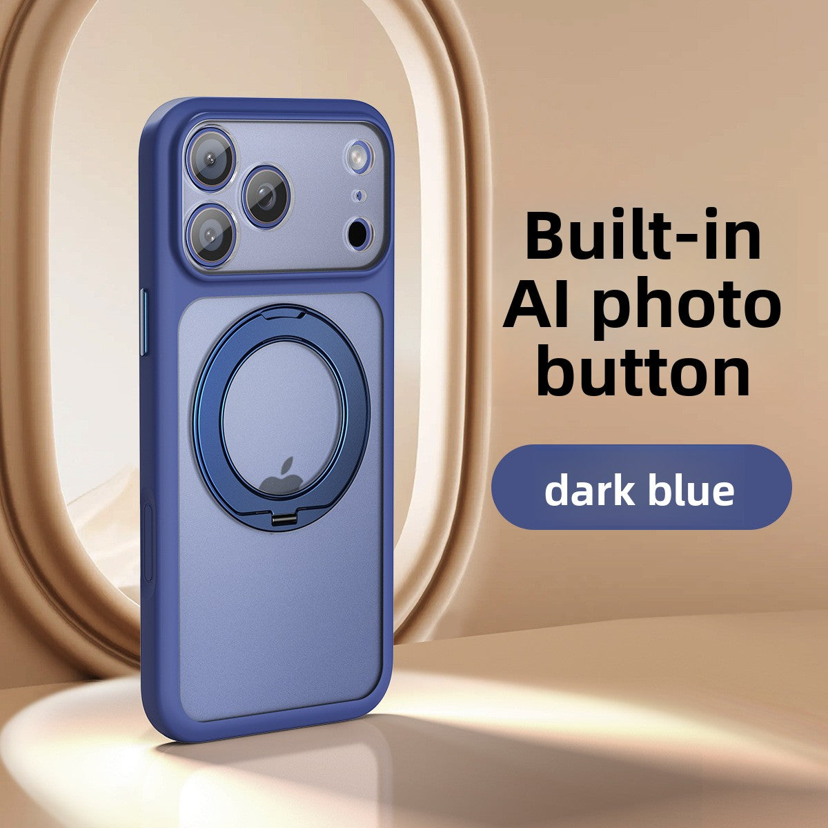 VIBE LOOP BANS phone case in dark blue with a matte finish, raised camera surround, and circular magnetic ring stand