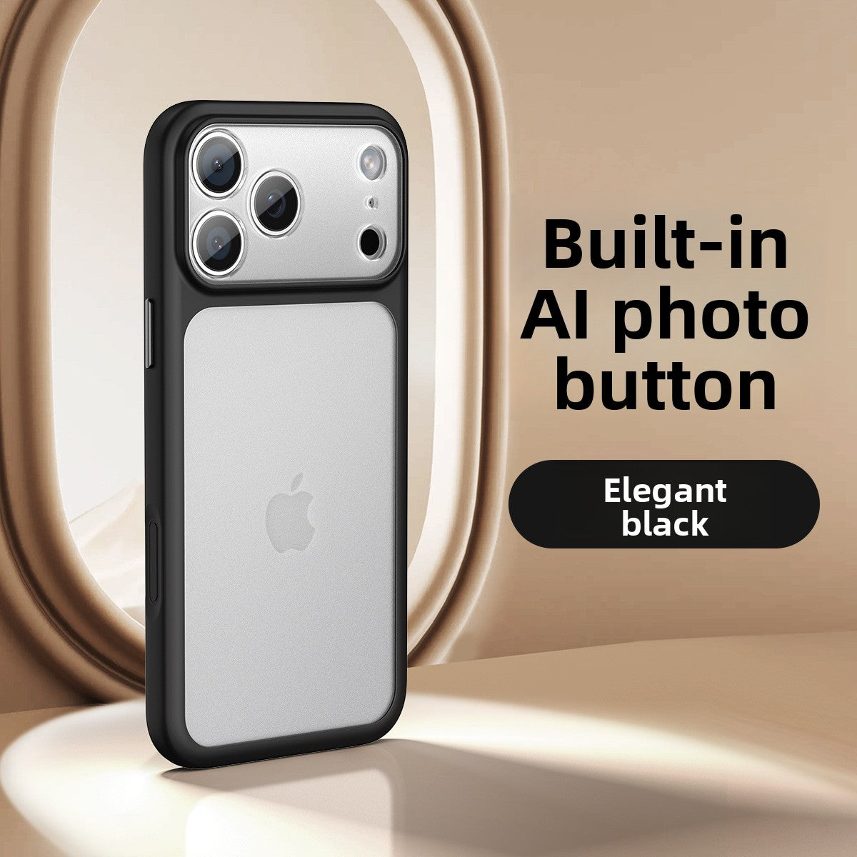 VIBE LOOP BANS phone case in elegant black with a matte frame, gray back panel, raised camera edges, and AI photo button