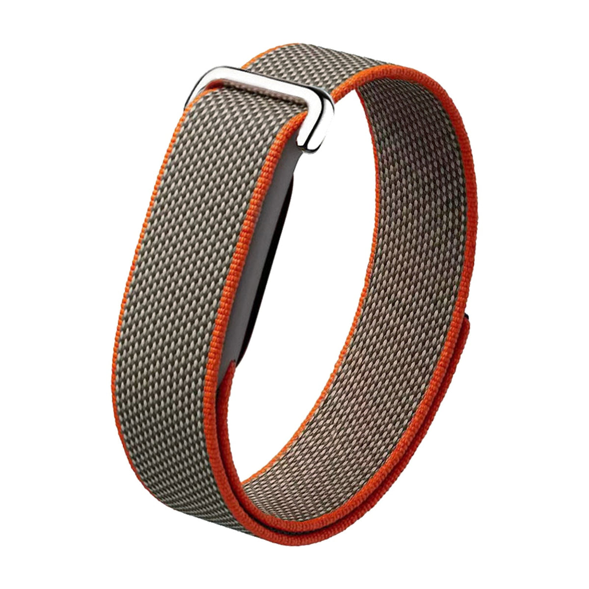 Woven nylon watch band, VIBE LOOP BANS, in gray with bright orange edging and a silver metal loop closure.