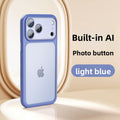 VIBE LOOP BANS phone case in light blue with a matte finish, raised camera surround, and built-in AI photo button
