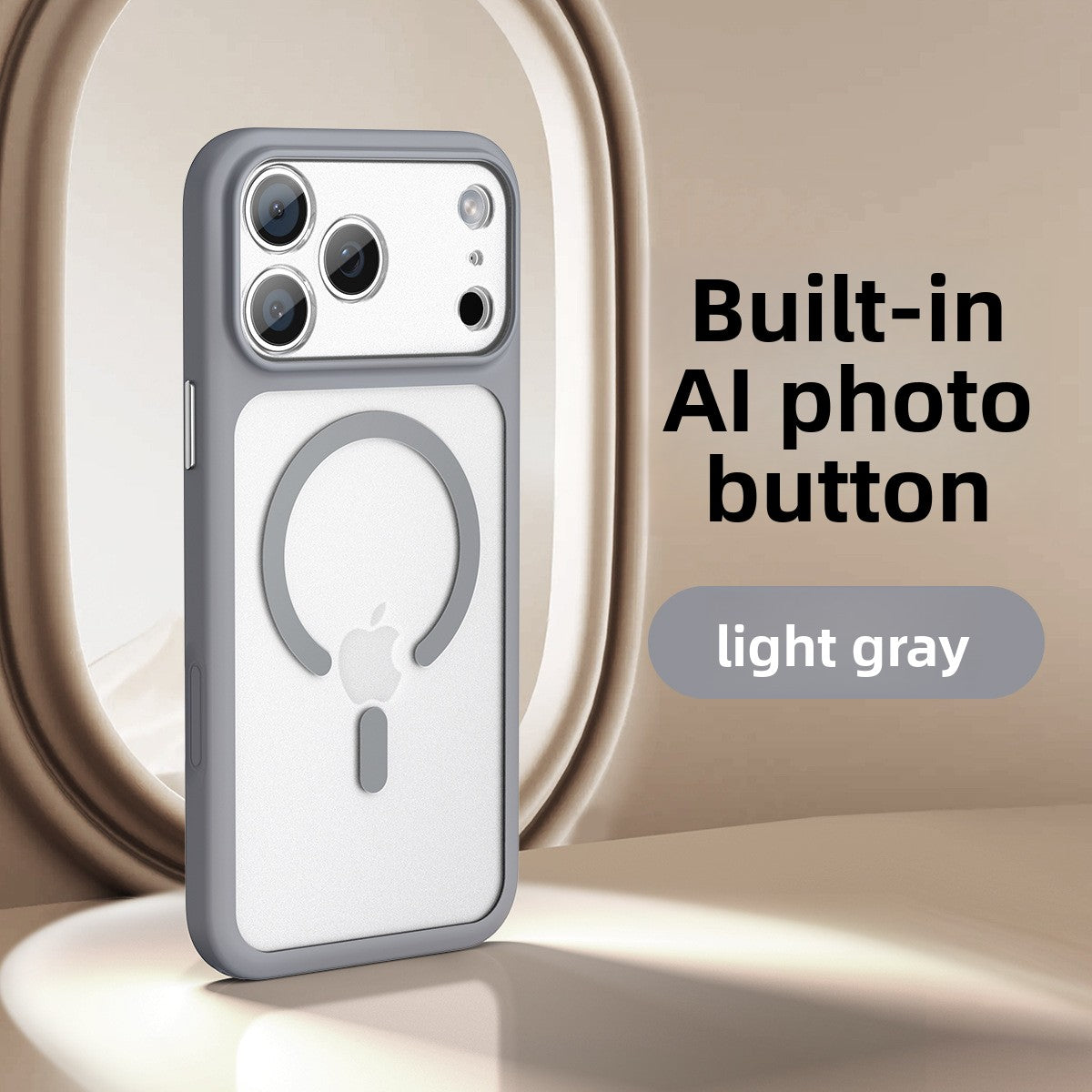 VIBE LOOP BANS phone case in light gray matte finish with dark edges, triple camera cutouts and magnetic ring stand