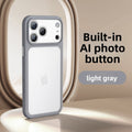 VIBE LOOP BANS phone case in light gray with a matte finish, raised triple-camera frame, and built-in AI photo button
