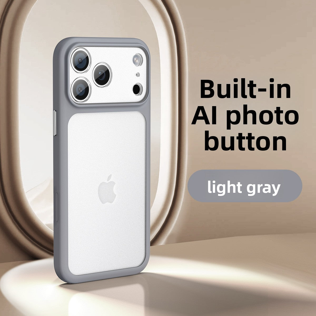 Phone case in light gray with a matte finish, raised camera bezel, and built-in AI photo button; VIBE LOOP BANS