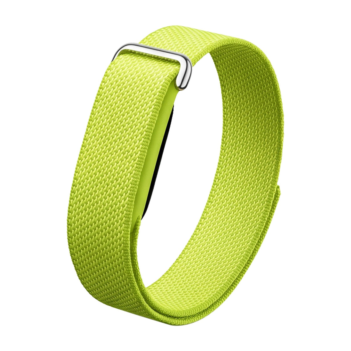 VIBE LOOP BANS fitness watch strap in bright lime green woven nylon with a textured loop and silver metal clasp