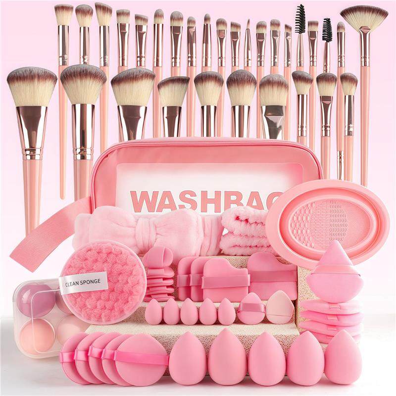 VIBE LOOP BANS Makeup brushes set with pink synthetic bristles, rose-gold handles, soft puffs and beauty sponges