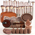 VIBE LOOP BANS Makeup brushes set with rose gold handles, cream bristles, brown makeup bag, puffs and sponges