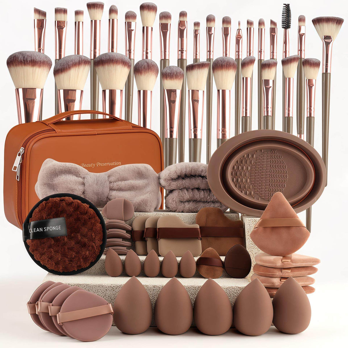 VIBE LOOP BANS Makeup brushes set with rose gold handles, cream bristles, brown makeup bag, puffs and sponges