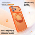 VIBE LOOP BANS phone case in vivid matte orange flexible material, with raised camera guards and a circular rotating ring stand.