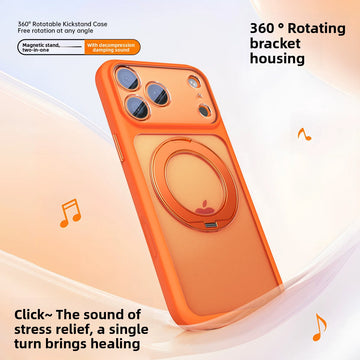 VIBE LOOP BANS phone case in vivid matte orange flexible material, with raised camera guards and a circular rotating ring stand.