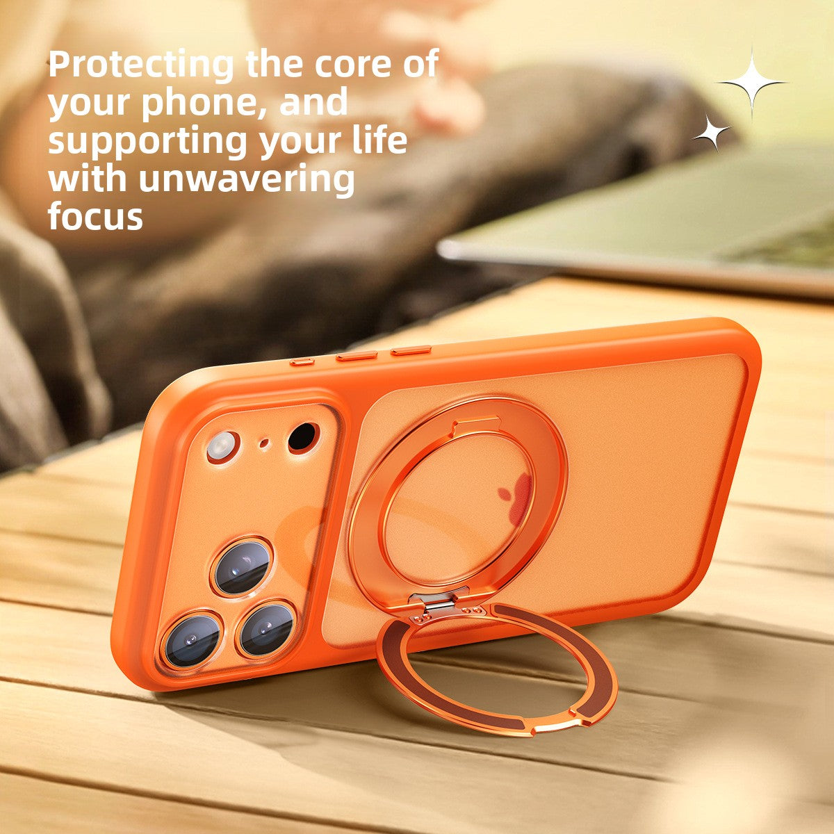 VIBE LOOP BANS phone case in bright orange with a matte finish, raised camera edges, and a 360-degree rotating ring stand
