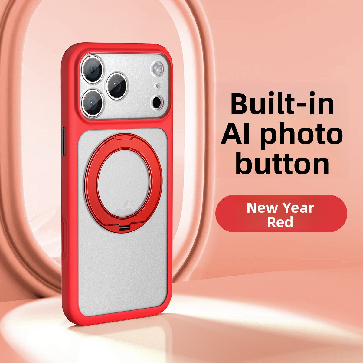 VIBE LOOP BANS phone case in bright red with a silver back, raised camera surround and circular rotating stand ring