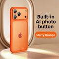 VIBE LOOP BANS phone case in starry orange with a matte finish, raised camera surround, and built-in AI photo button