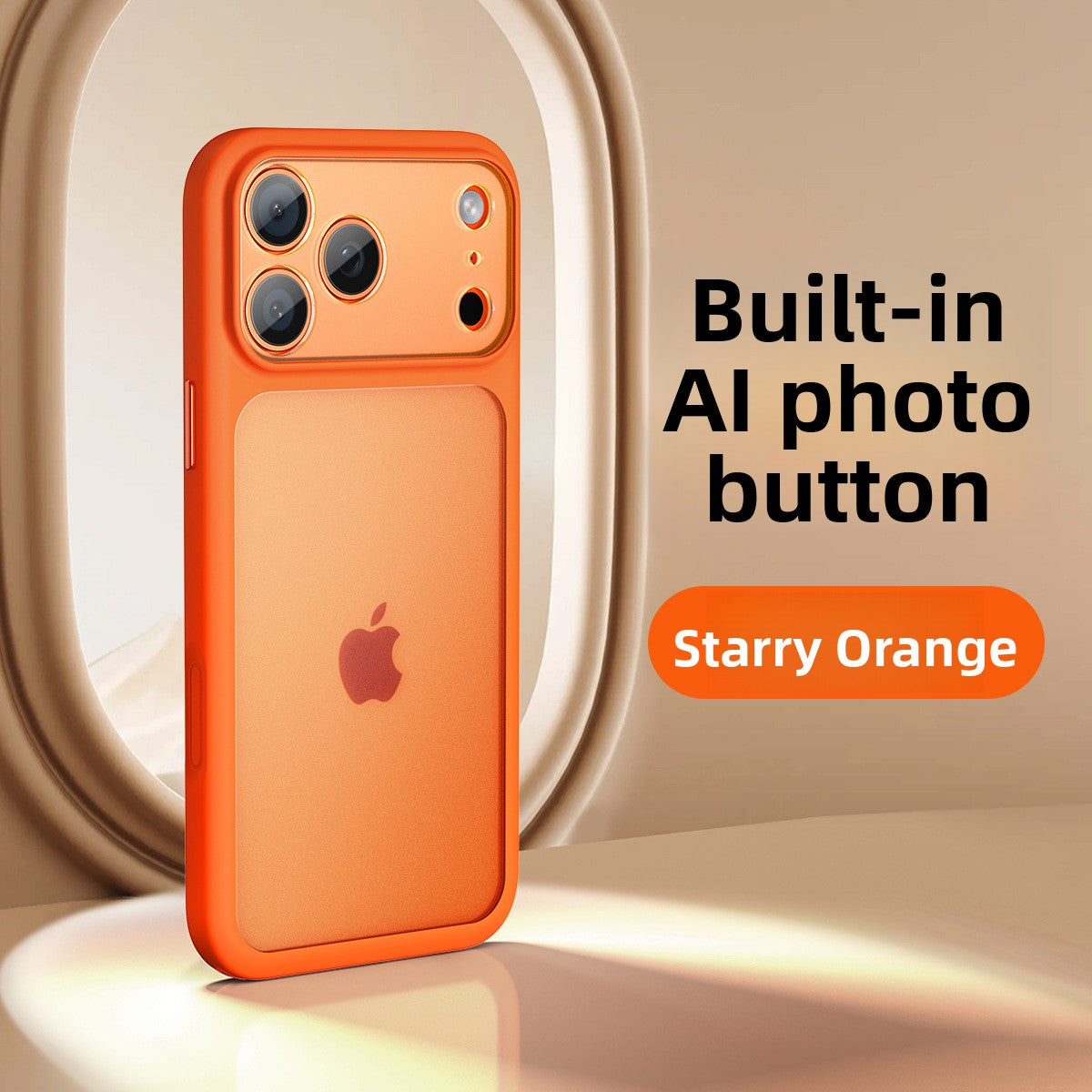 VIBE LOOP BANS phone case in starry orange with a matte finish, raised triple-camera surround and built-in AI photo button