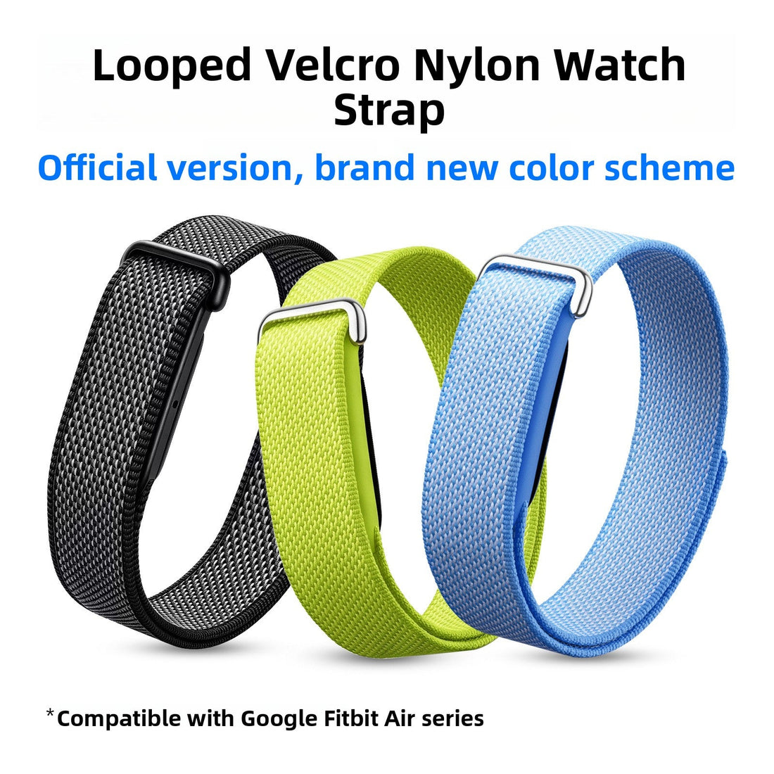 VIBE LOOP BANS woven nylon watch straps in black, lime green, and blue, with looped Velcro closures and metal guides.
