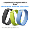 VIBE LOOP BANS woven nylon watch straps in black, lime green, and blue, with looped Velcro closures and metal guides.