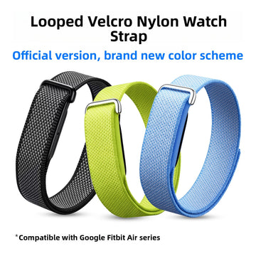 VIBE LOOP BANS woven nylon watch straps in black, lime green, and blue, with looped Velcro closures and metal guides.