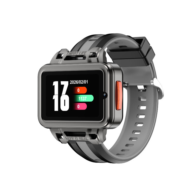 VIBE LOOP Elderly Smartwatch in metallic gray with a black rectangular touchscreen, orange side button and perforated silicone strap
