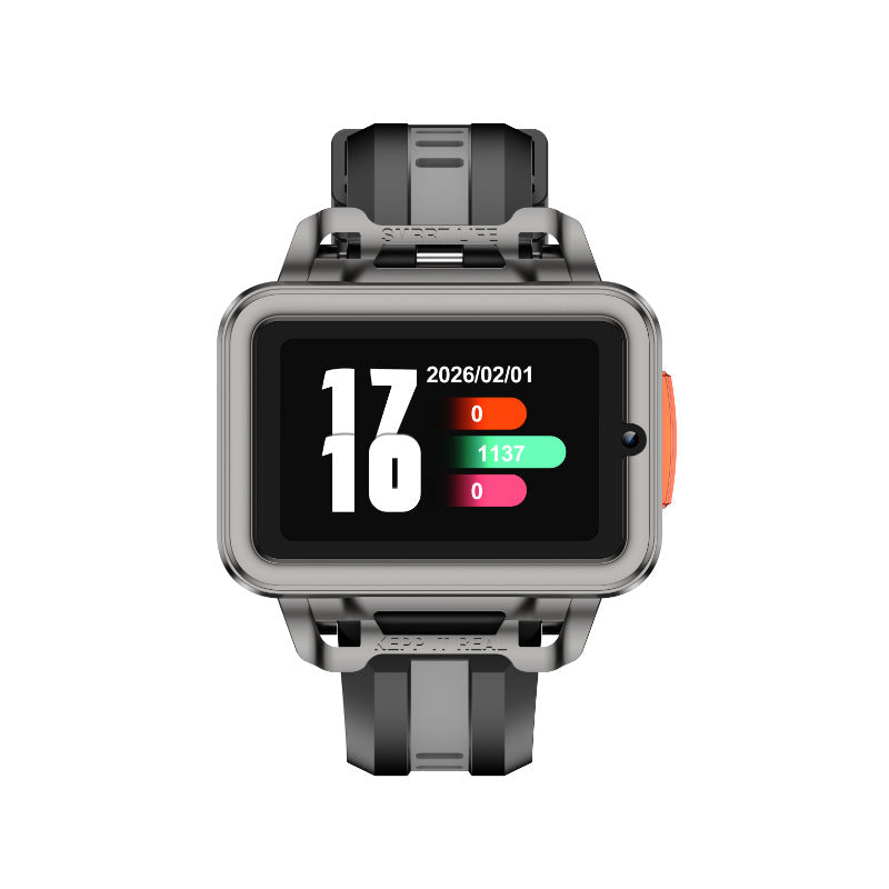 VIBE LOOP Elderly Smartwatch with a silver rectangular touchscreen, black segmented silicone strap and orange side button