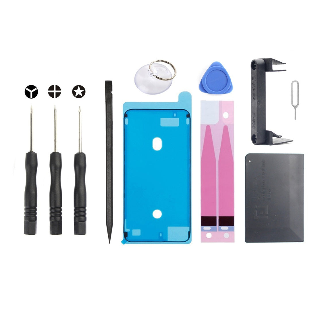 VIBE LOOP Mobile phone repair tools kit with black metal screwdrivers, blue pry pick, suction cup, adhesives and pry tools.