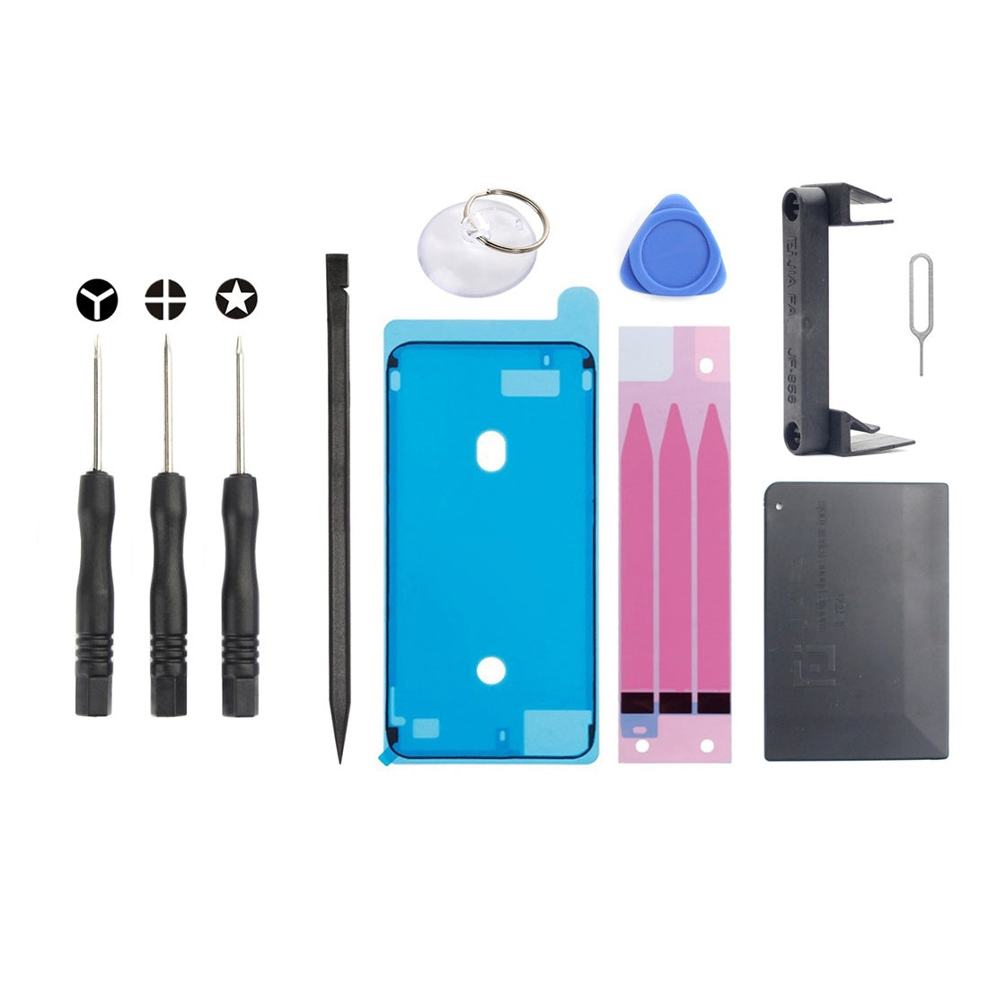 VIBE LOOP Mobile phone repair tools kit with black metal screwdrivers, blue pry pick, suction cup, adhesives and pry tools.