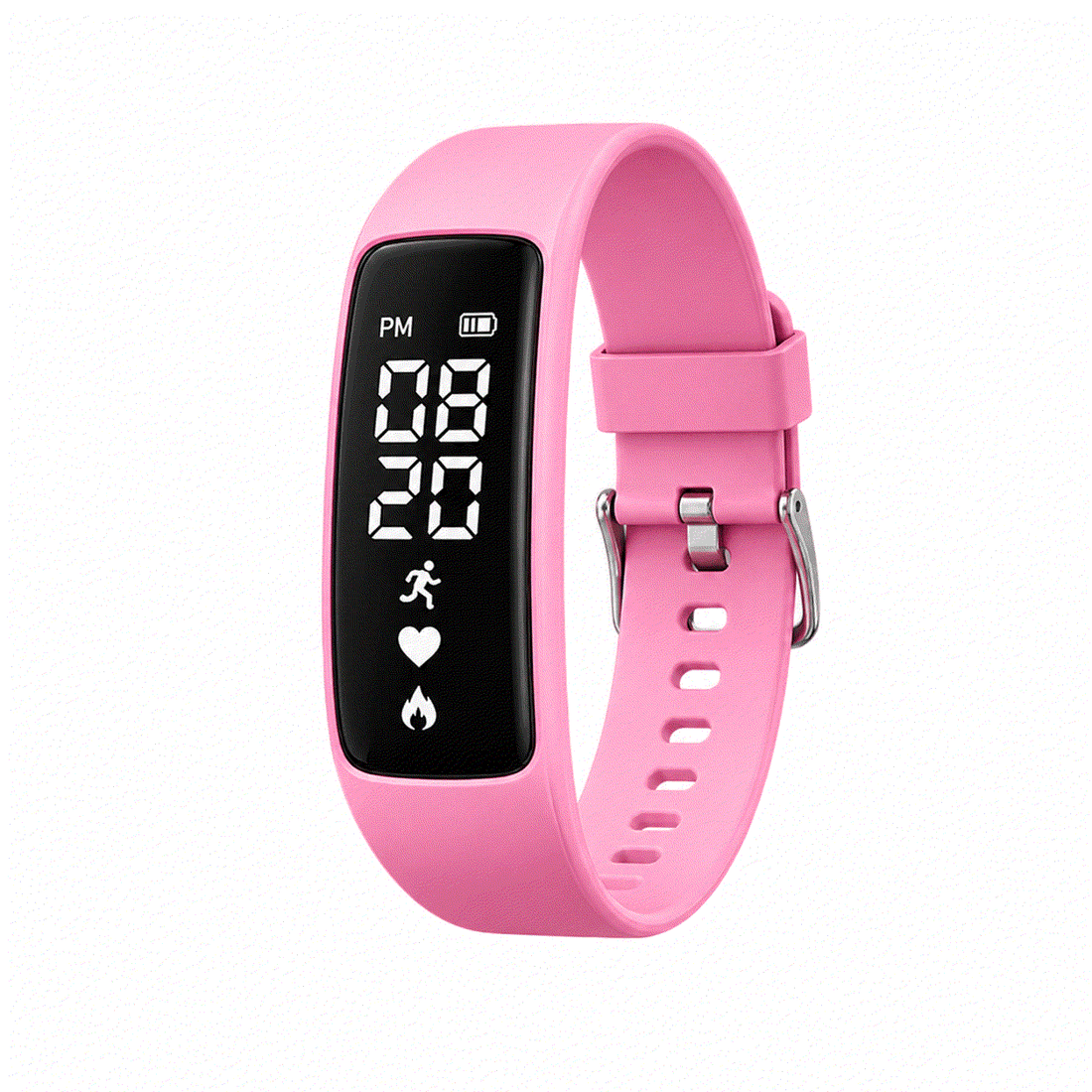 VIBE LOOP™ Movement Fitness Watch with a bright pink silicone strap and black digital display showing time and activity icons.
