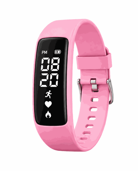 VIBE LOOP™ Movement Fitness Watch with a bright pink silicone strap and black digital display showing time and activity icons.