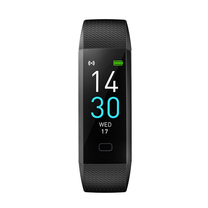 VIBE LOOP™ Multifunctional Smart Watch with a black textured wristband, slim rectangular digital screen and cyan time display