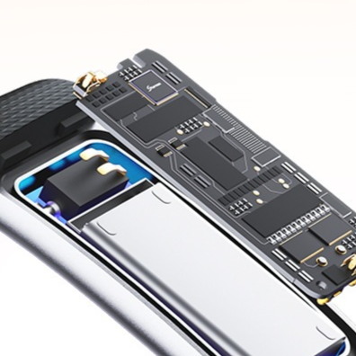 VIBE LOOP™ Multifunctional Smart Watch component with an exposed dark circuit board and silver battery inside a black casing