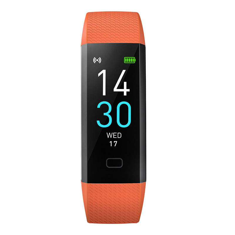 VIBE LOOP™ Multifunctional Smart Watch with orange textured strap, black rectangular display, and digital time and date.