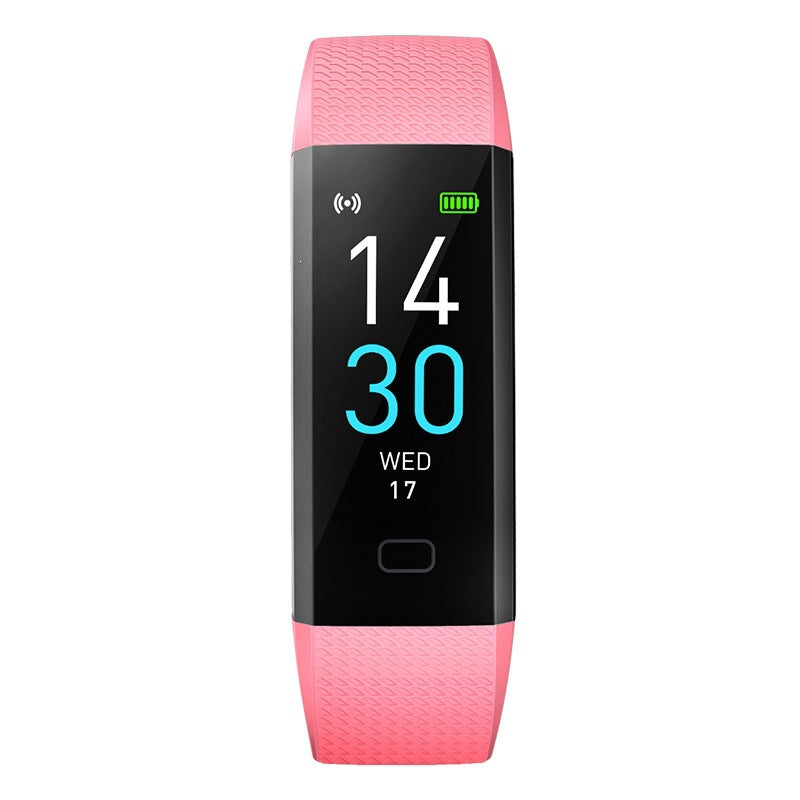 VIBE LOOP™ Multifunctional Smart Watch with a pink textured strap, black rectangular screen, and large digital time display