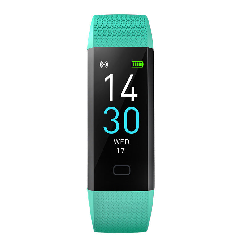 VIBE LOOP™ Multifunctional Smart Watch with a turquoise textured band, black rectangular digital screen, and slim fitness tracker design