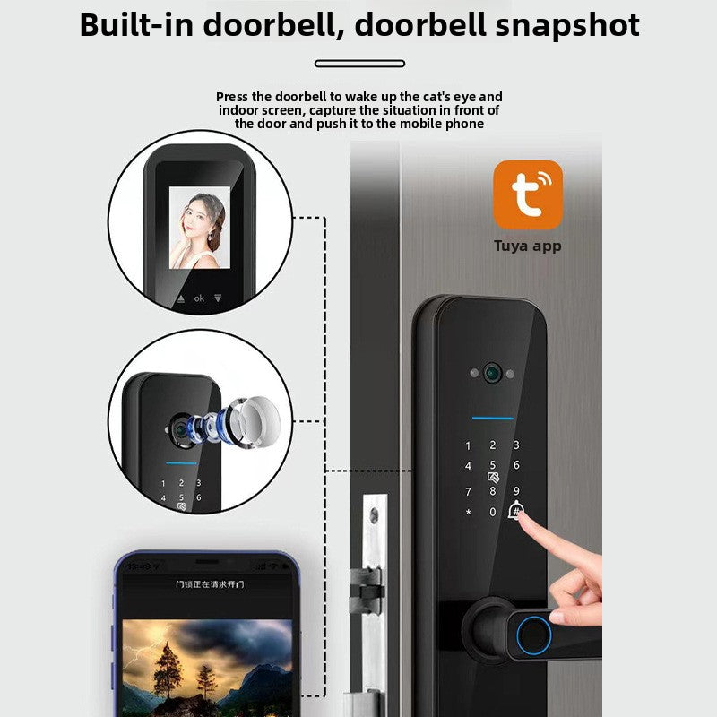 VIBE LOOP Smart Fingerprint Door Lock, black metal smart lock with keypad, camera screen, and horizontal lever handle