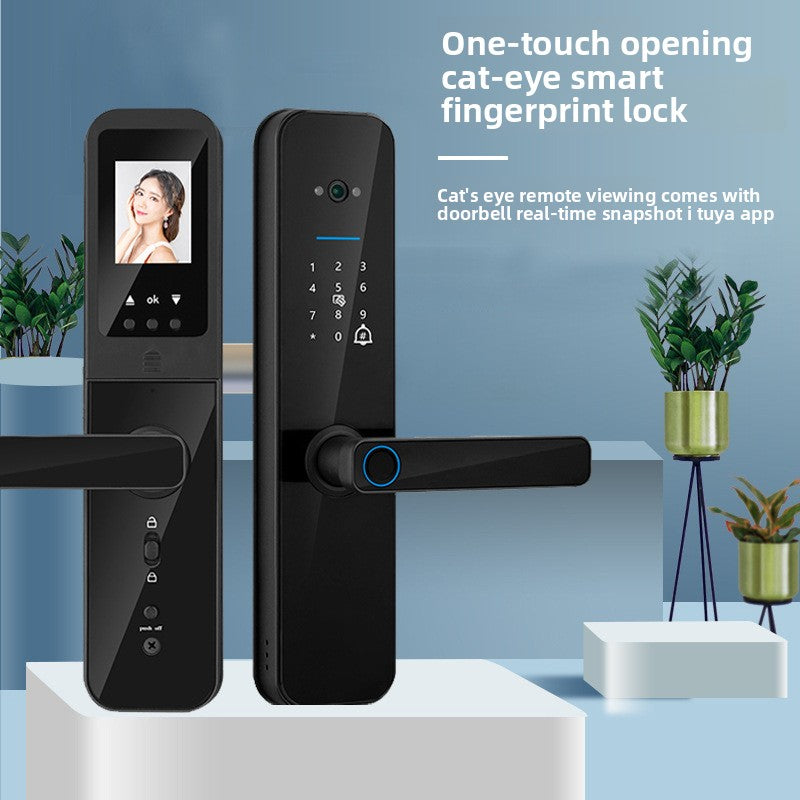 VIBE LOOP Smart Fingerprint Door Lock, black metal smart lock with keypad, camera screen, and horizontal lever handle