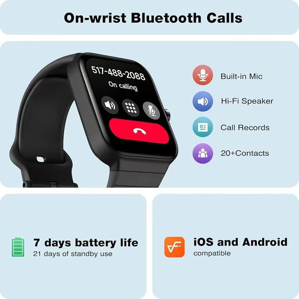 Smartwatch with a black silicone band, rectangular color touchscreen showing a call interface and wrist Bluetooth calling features