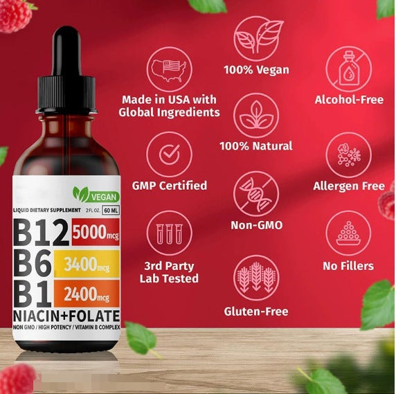 Liquid dietary supplement in an amber glass dropper bottle, with a white label and bold multicolour B vitamin text, VIBE LOOP Vitamin B12.
