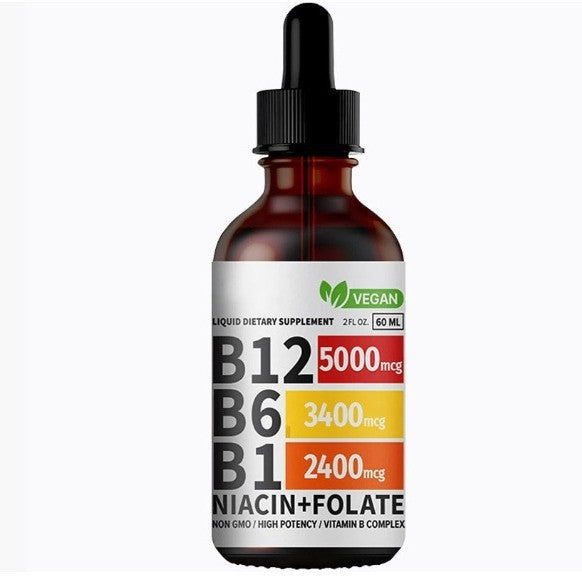 Liquid dietary supplement in an amber glass dropper bottle, with a white label and bold multicolour B vitamin text, VIBE LOOP Vitamin B12.