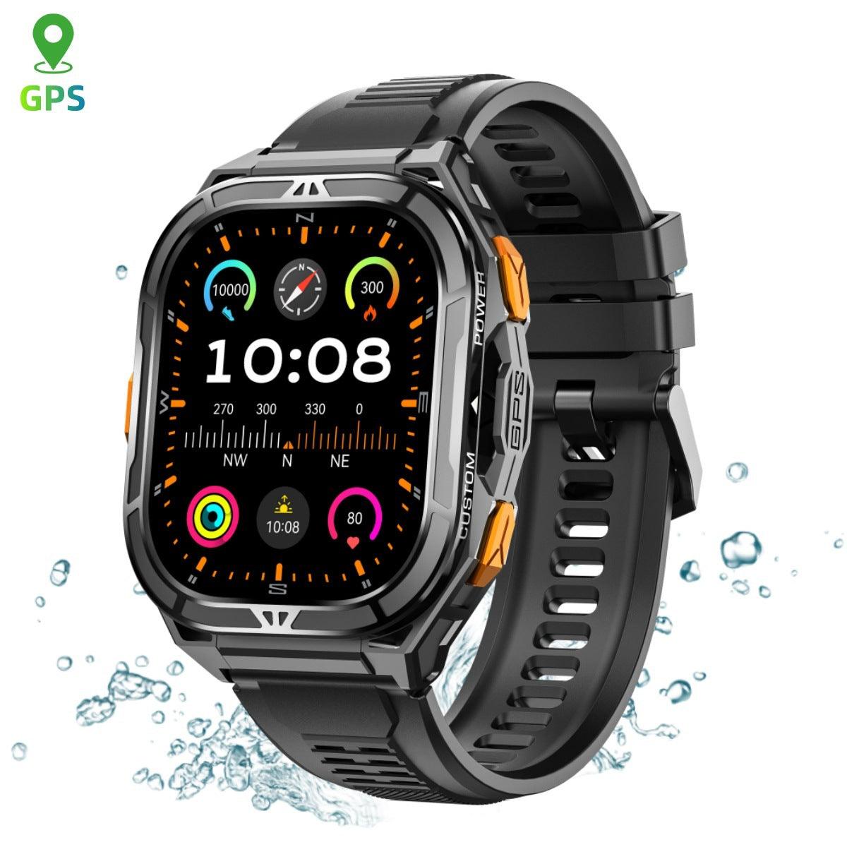 VIBE LOOP™ X5 Smart Watch with a rugged black design, silicone strap, bright color display, orange side buttons and GPS icon