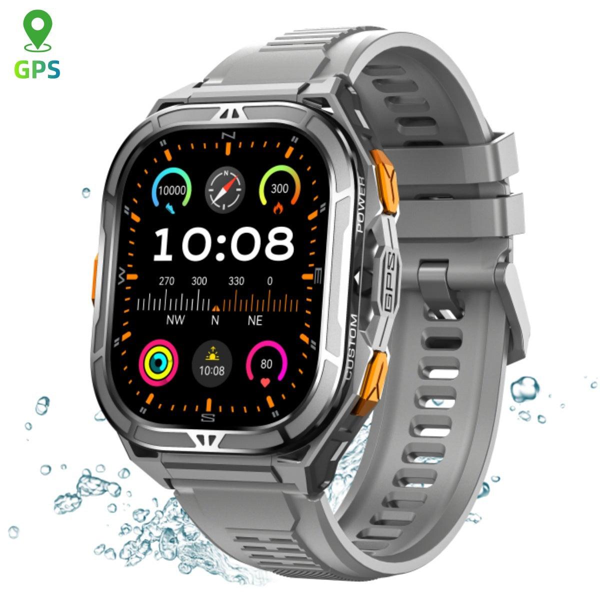 VIBE LOOP™ X5 Smart Watch with a gray silicone band, rugged metallic case, orange side buttons and colorful GPS display