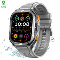 VIBE LOOP™ X5 Smart Watch with a gray silicone band, angular silver case, orange side buttons and colorful GPS fitness display