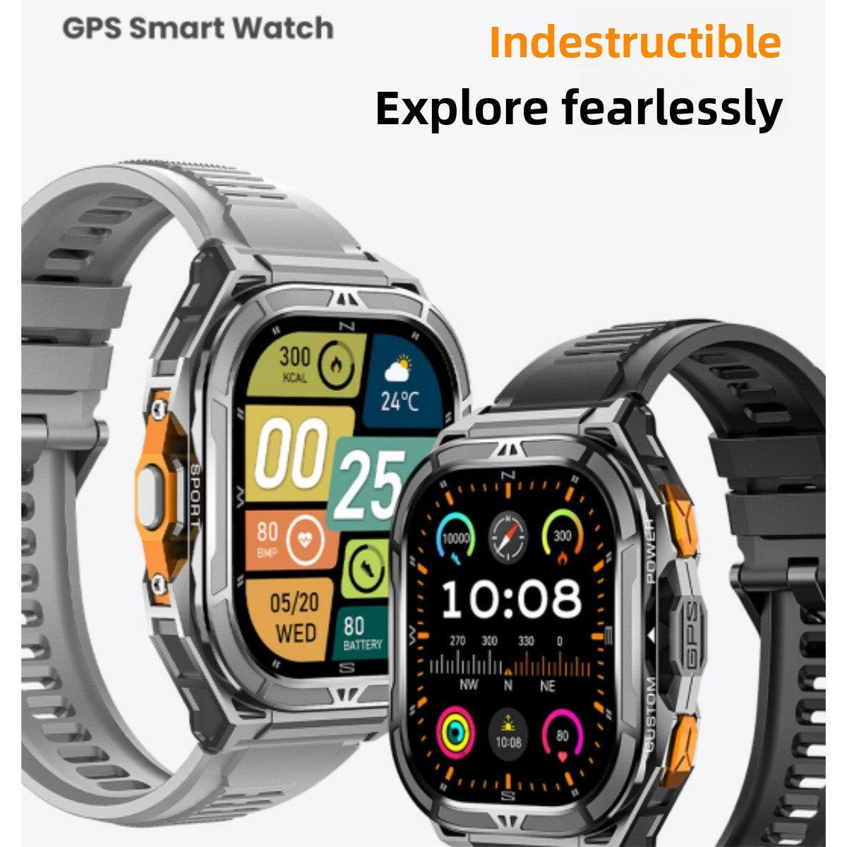 VIBE LOOP™ X5 Smart Watch in silver and black with orange accents, rugged metal casing, black straps and color displays