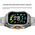 VIBE LOOP™ X5 Smart Watch with a silver metal case and matching band, orange side button, and colorful digital display