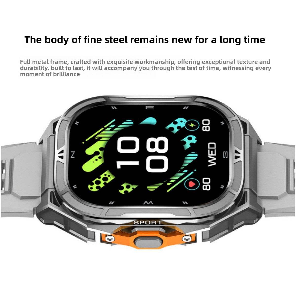 VIBE LOOP™ X5 Smart Watch with a silver metal case and matching band, orange side button, and colorful digital display