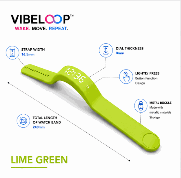 Vibration Loop Ban Alarm watch with a lime green silicone band, curved LED display and metal buckle; slim flexible fitness tracker