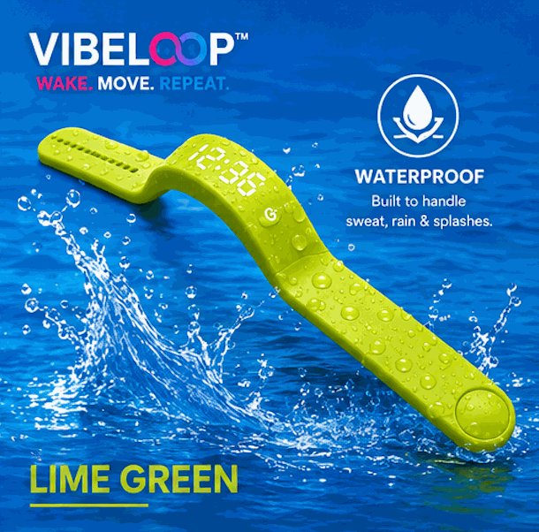Vibration Loop Ban Alarm wristband in lime green silicone with a digital display and raised water-resistant strap details