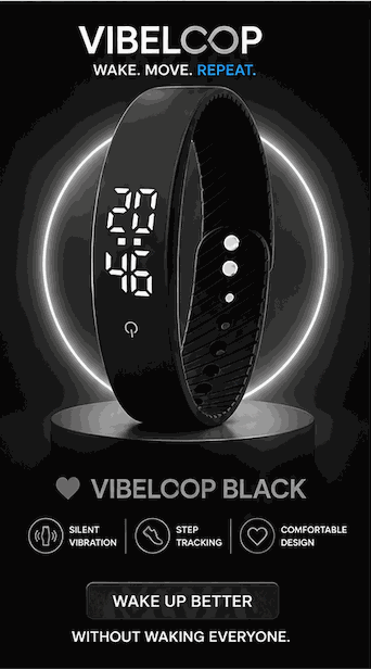 Vibration Loop Ban Alarm Watch in black with a flexible silicone band, bright digital display, and compact fitness tracker design
