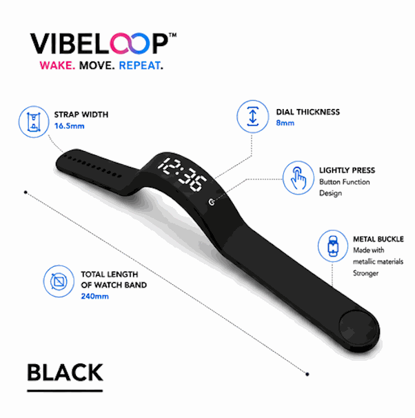 Vibration Loop Ban Alarm Watch in black with a slim silicone band, digital display, and metal buckle