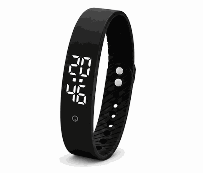 Vibration Loop Ban Alarm Watch, black silicone fitness tracker with a smooth curved band and ribbed adjustable strap.